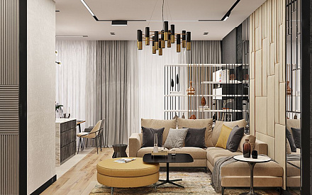 Дизайн интерьера гостиной в трёхкомнатной квартире 99 кв. м в стиле эклектика 10