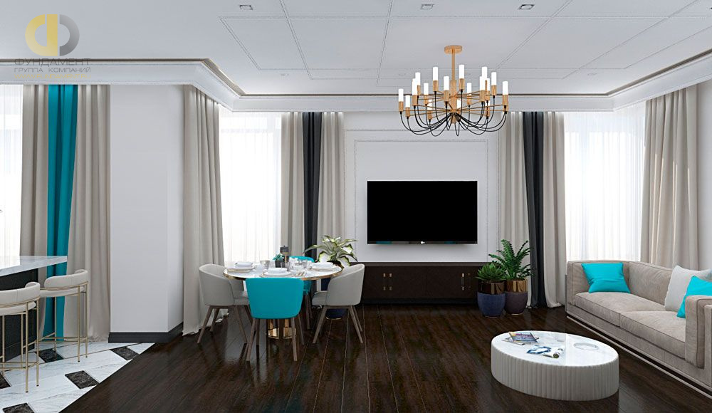 Дизайн интерьера гостиной в трёхкомнатной квартире 132 кв.м в современном стиле 15
