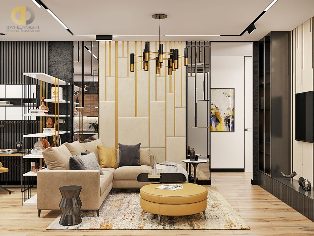 Дизайн интерьера гостиной в трёхкомнатной квартире 99 кв. м в стиле эклектика 11